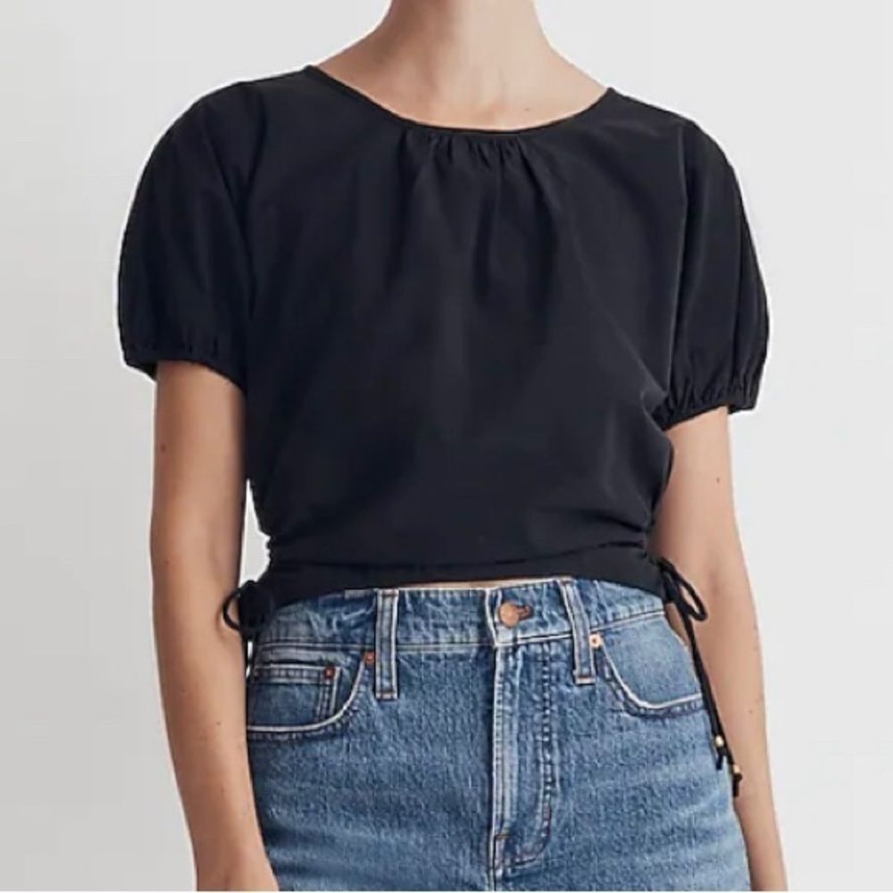 Madewell Embroidered Poplin Puff-Sleeve Cutout Crop Top NWT Size M